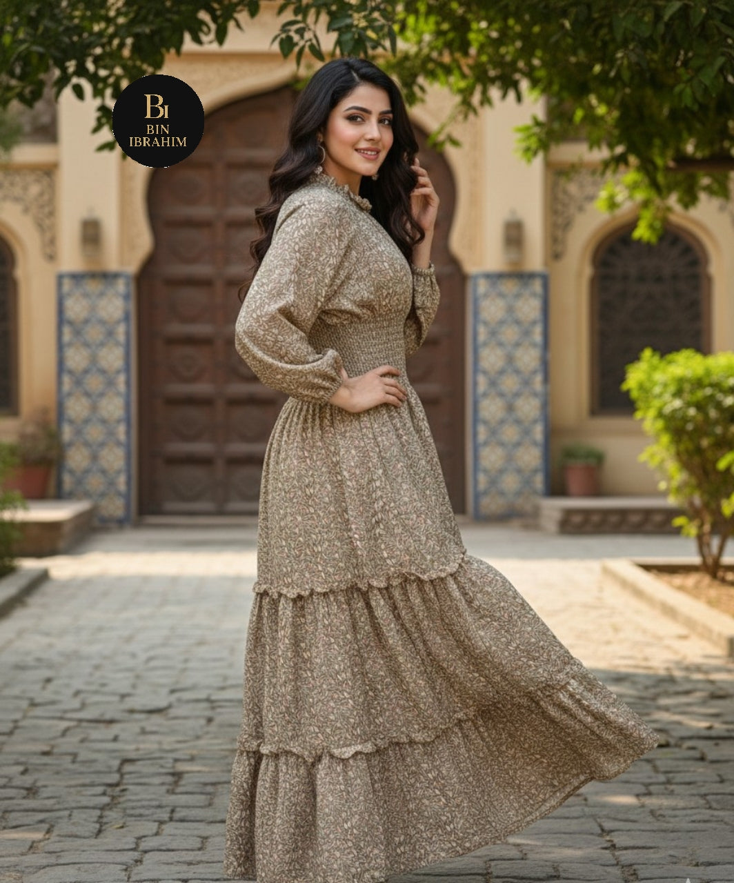 Western Smocking Maxi Dress with Large Flare