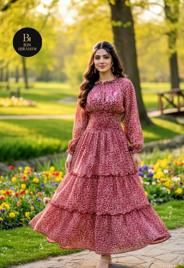 Western Smocking Maxi Dress with Large Flare